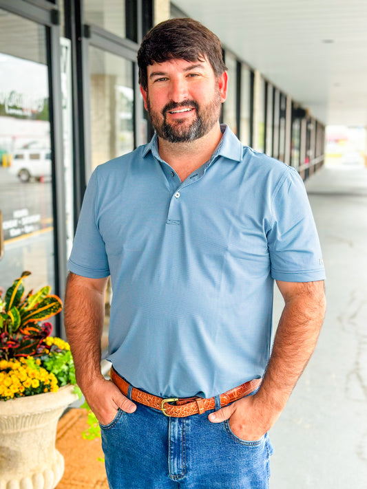 Southern Point Hinton Stripe Performance Polo in Mallard Blue/Mountain Spring