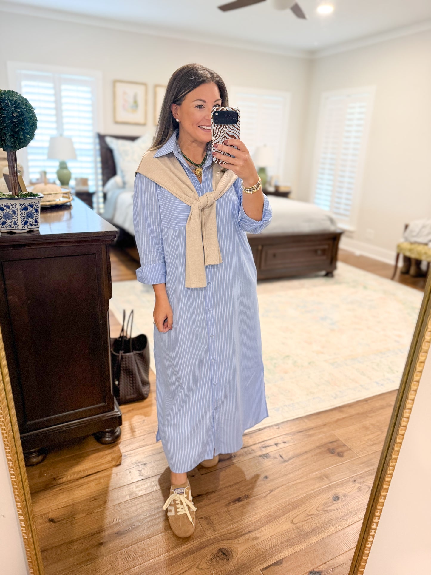 Karlie | Hailey Stripe Poplin Maxi Shirt Dress with Sweater
