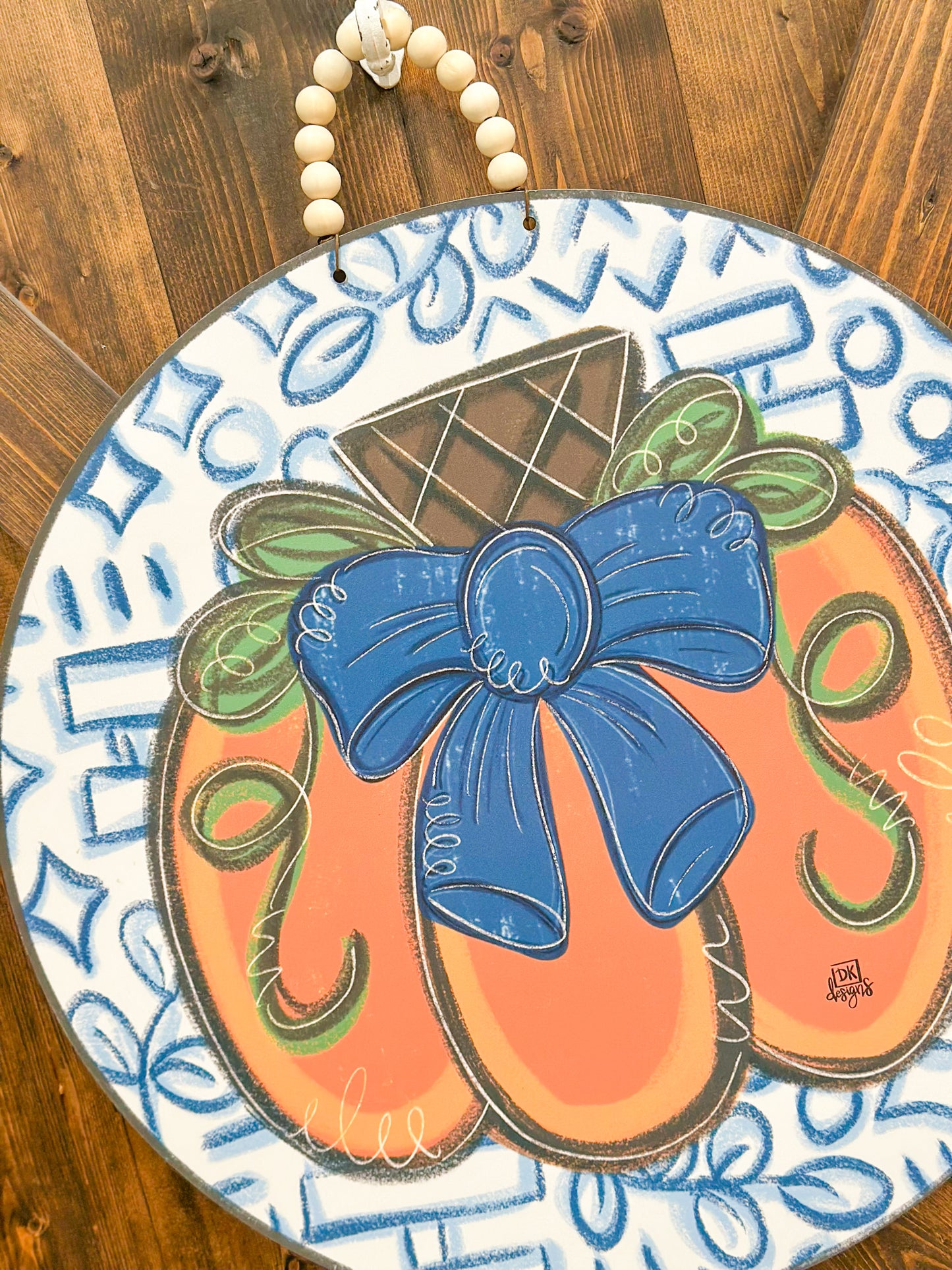 Blue Bow Pumpkin Circle Door Hanger