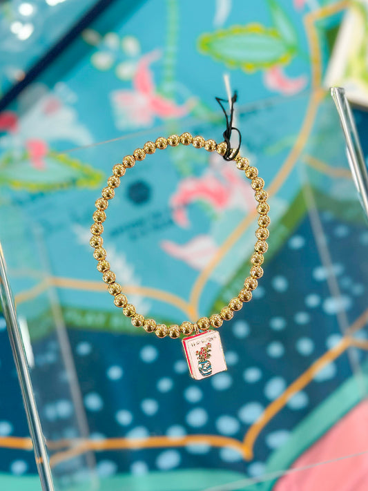 Mahjong Tile Ball Bead Stretch Bracelet in Shiny Gold