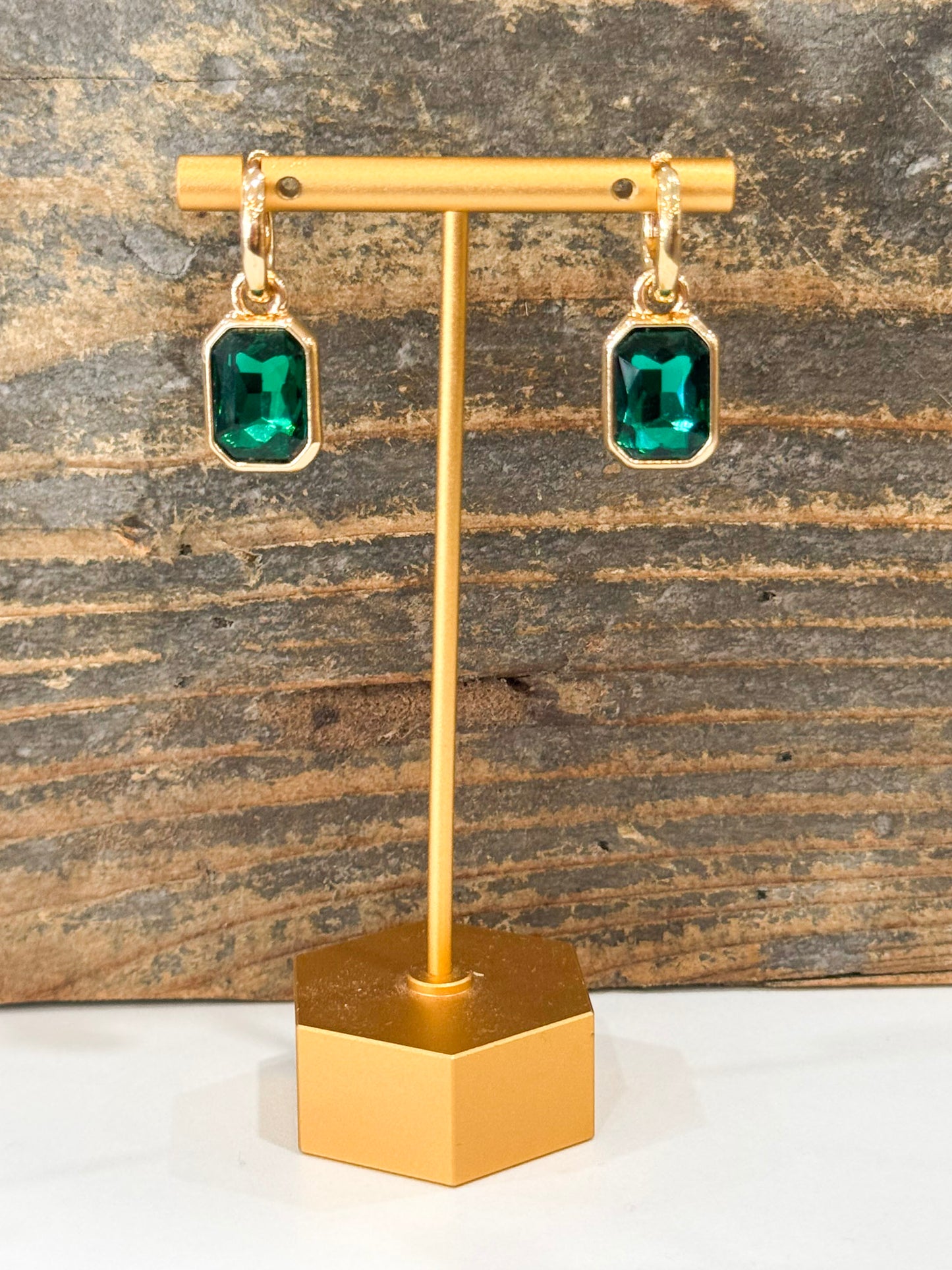 Reagyn Rhinestone Drop Hoop Earrings in Emerald