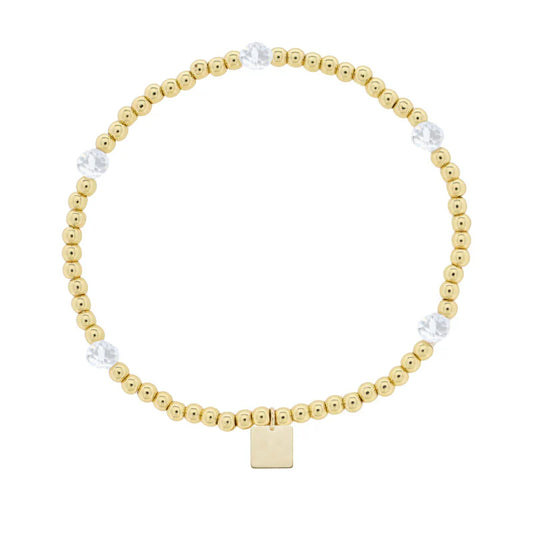 Kids 18K Gold Plated Gold & Clear Beaded Stretch Bracelet with Gold Square
