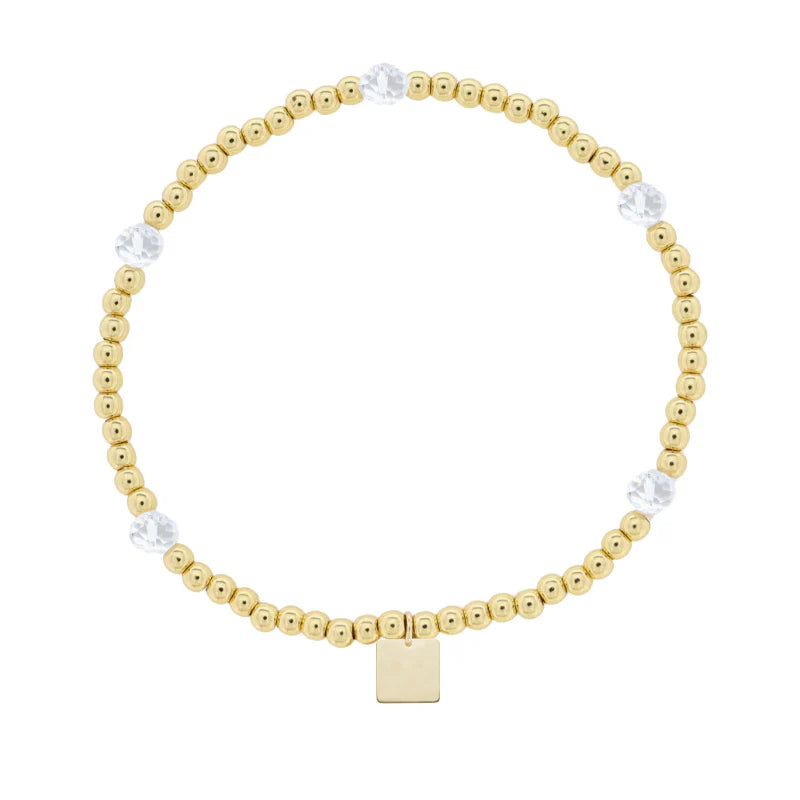 Kids 18K Gold Plated Gold & Clear Beaded Stretch Bracelet with Gold Square
