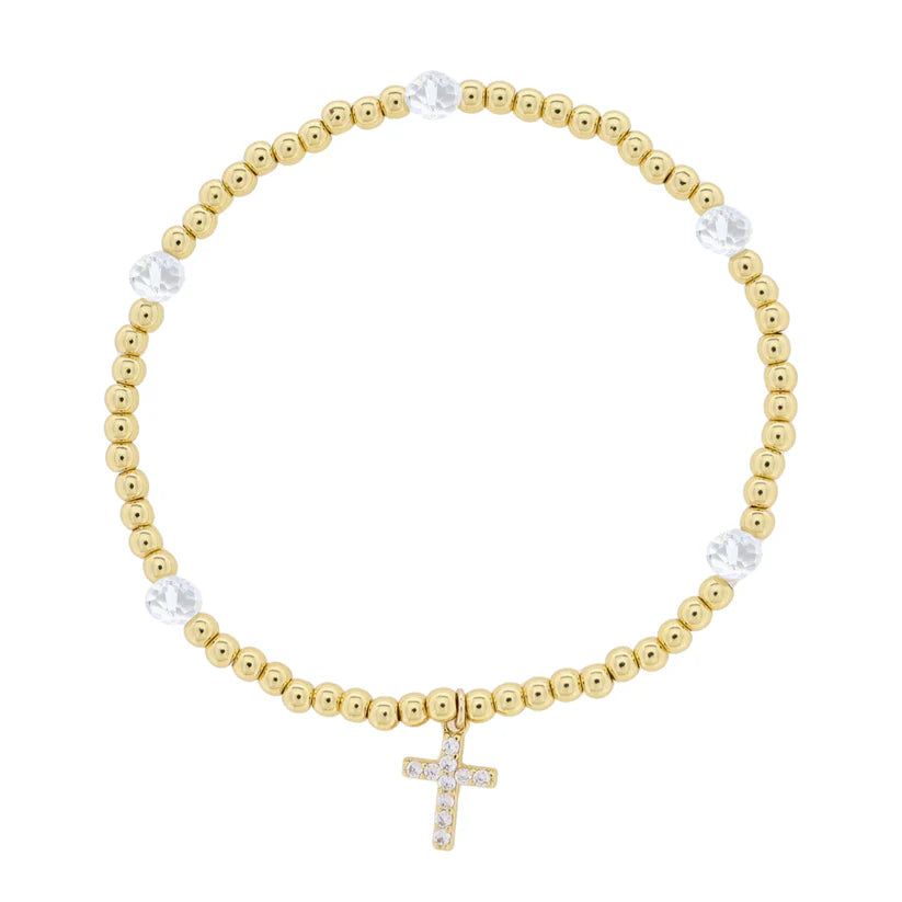Kids 18K Gold Plated Gold & Clear Beaded Stretch Bracelet with Clear Crystal Cross