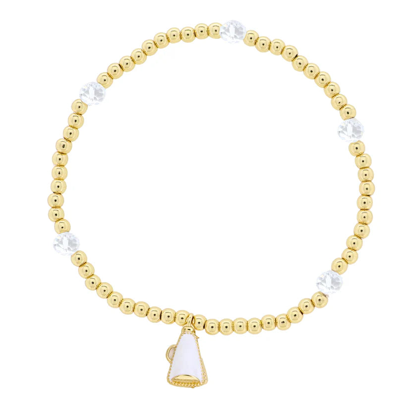 Kids 18K Gold Plated Gold & Clear Beaded Stretch Bracelet with White Megaphone