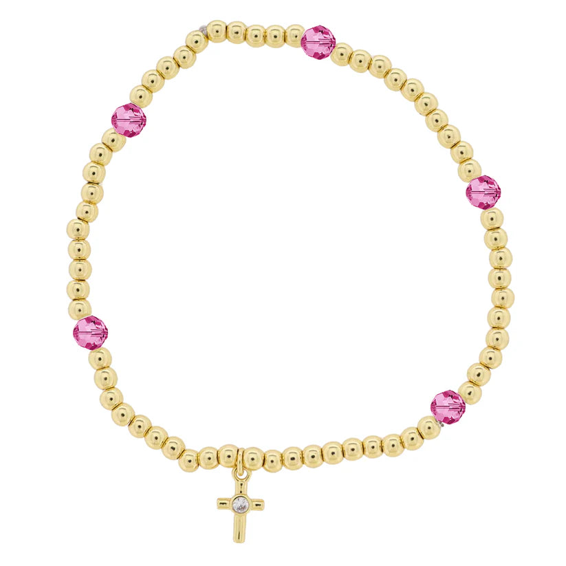 Kids 18K Gold Plated Gold & Hot Pink Beaded Stretch Bracelet with Clear Center Gold Crystal Cross