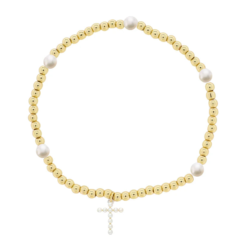 Kids 18K Gold Plated Gold & Pearl Beaded Stretch Bracelet with Pearl Cross