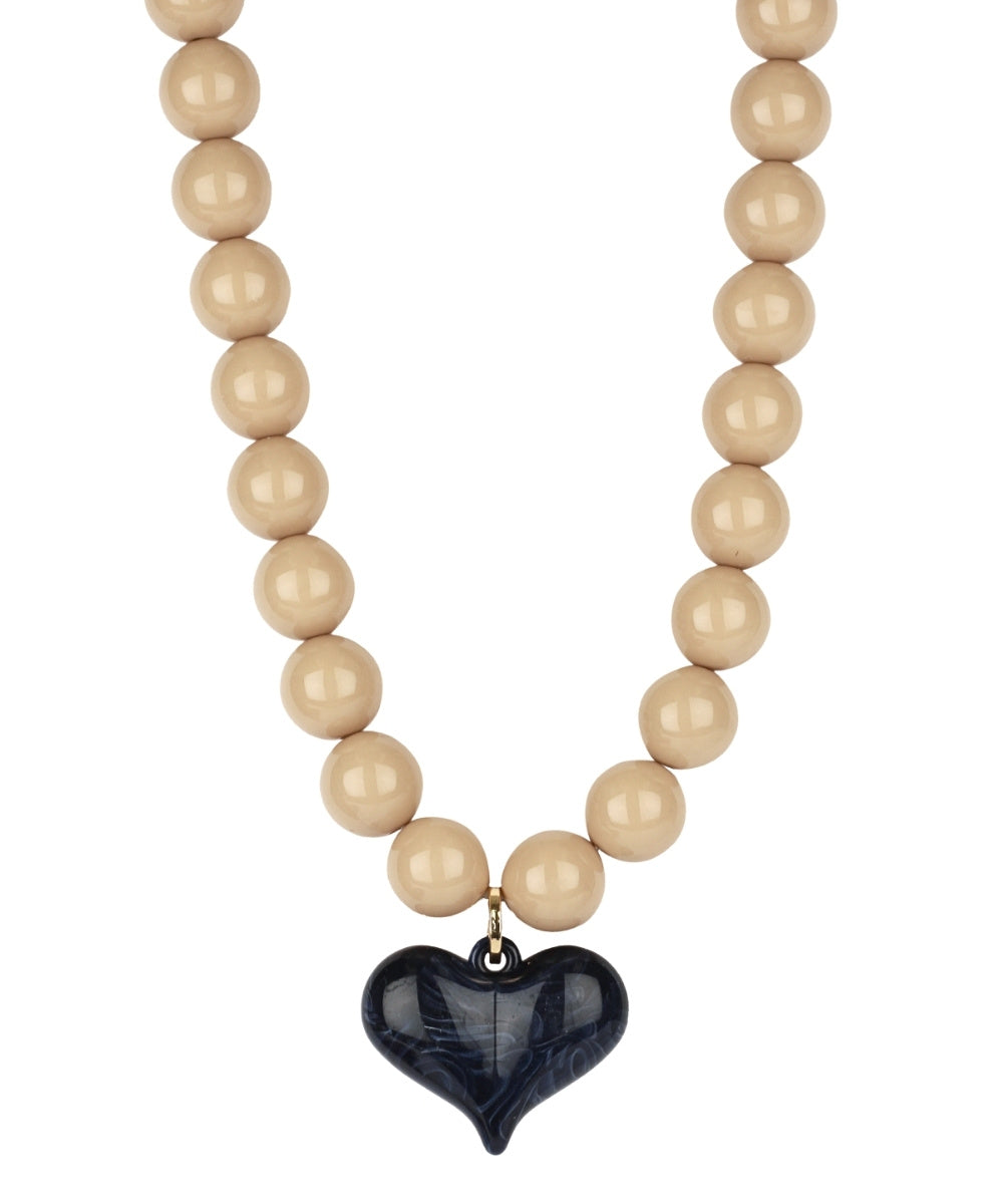 Puffy Heart Beaded Necklace in Beige/Navy
