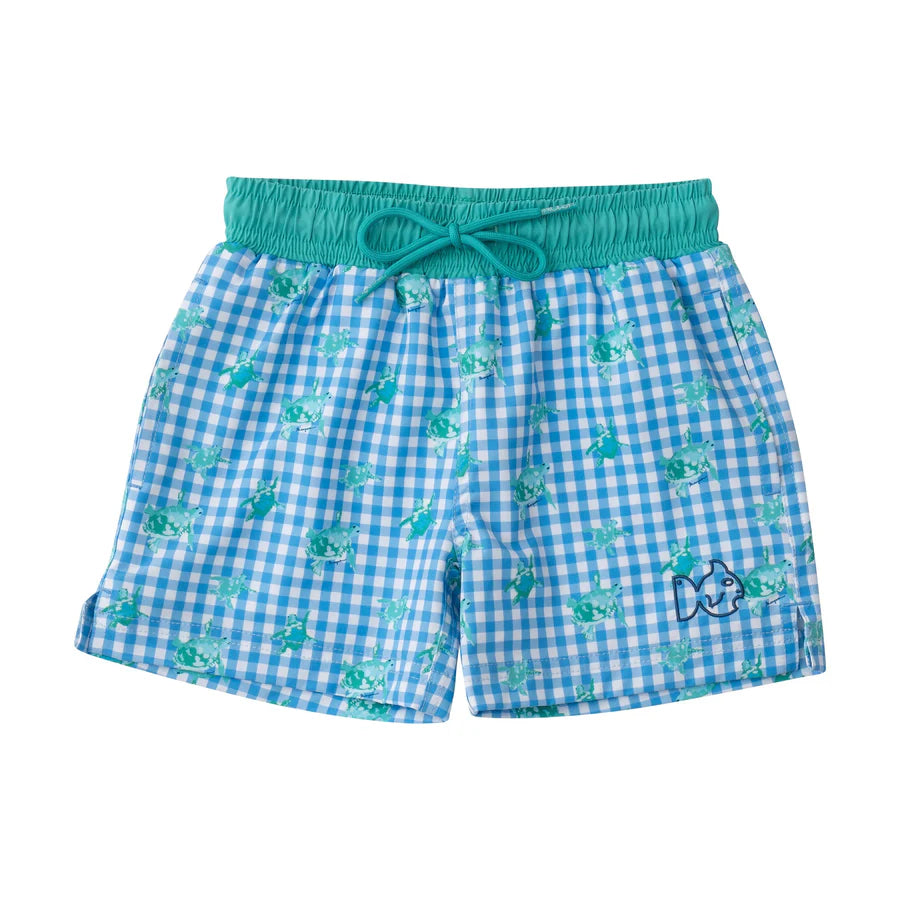 Prodoh Swim Trunk in Marina Blue Gingham Turtle Print