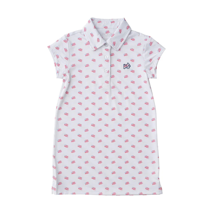 Prodoh Girls' Short Sleeve Pro Performance Polo Dress in American Flag Print on White