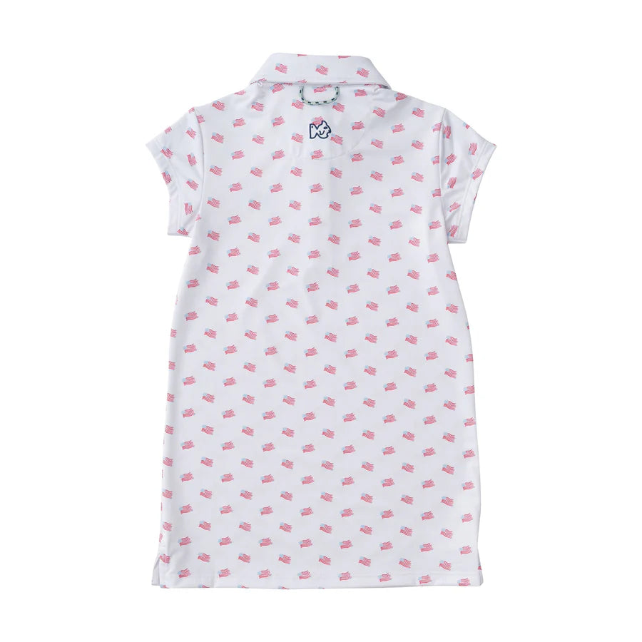 Prodoh Girls' Short Sleeve Pro Performance Polo Dress in American Flag Print on White