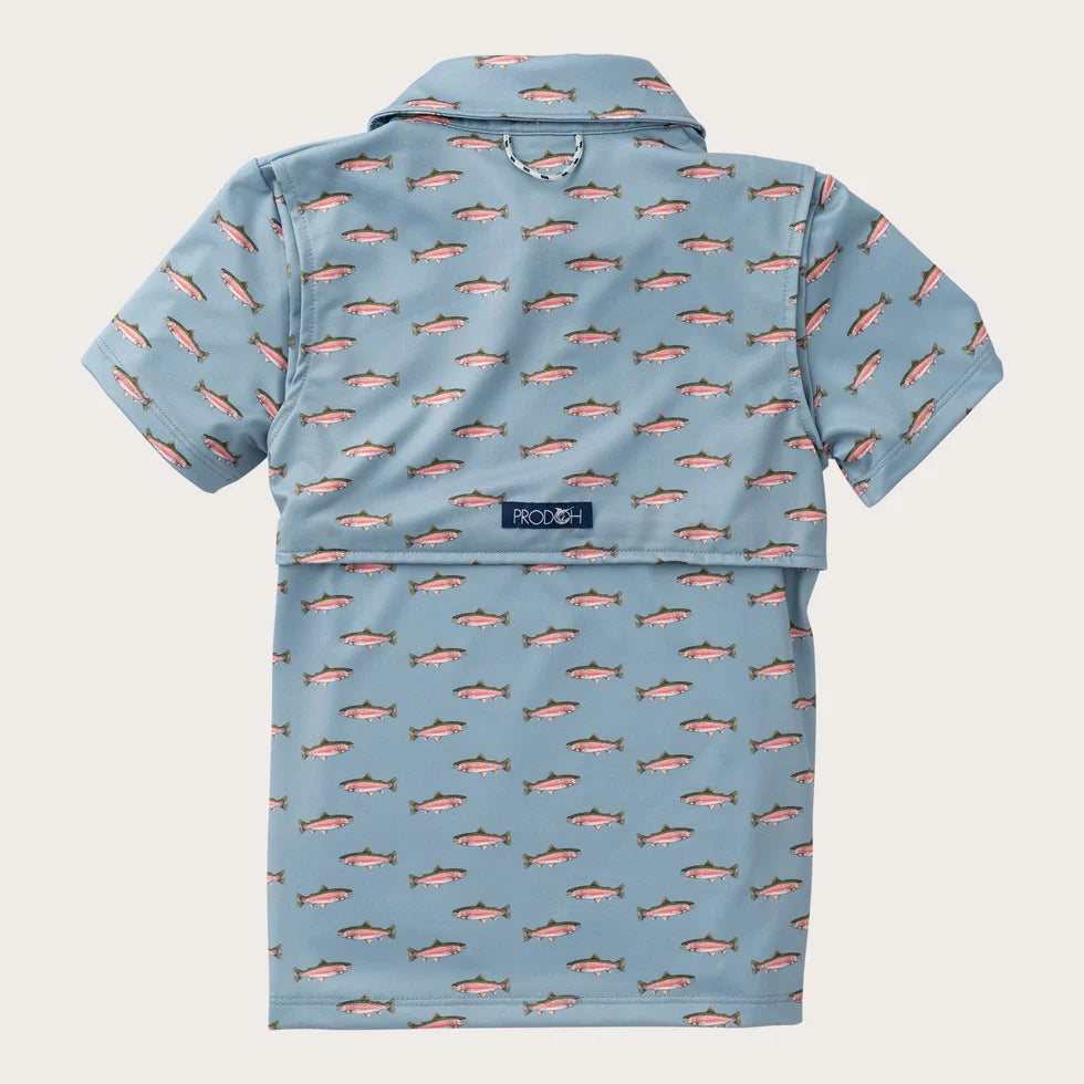 Prodoh | Boys' Short Sleeve Pro Performance Polo Shirt in Rainbow Trout Print
