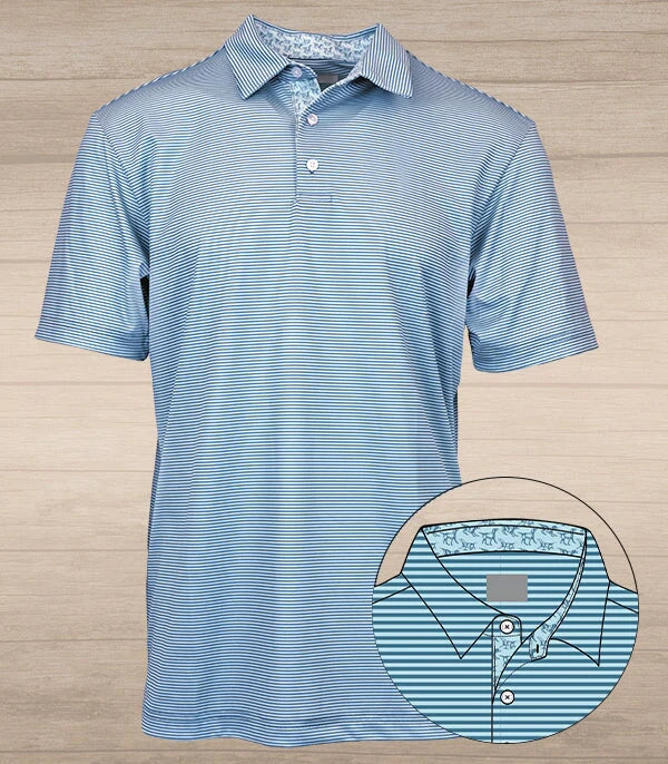 Struttin Cotton | Andy Stripe Performance Polo with Dogs in Blue