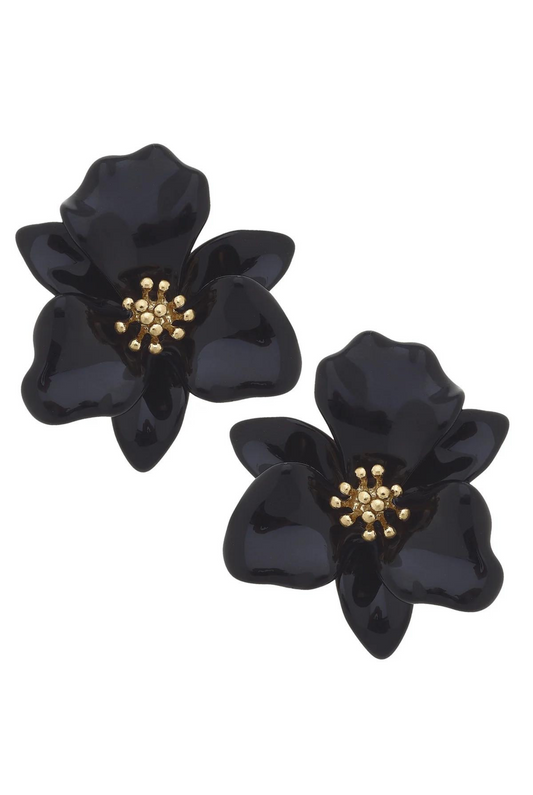 Valentina Enamel Flower Statement Earrings in Black
