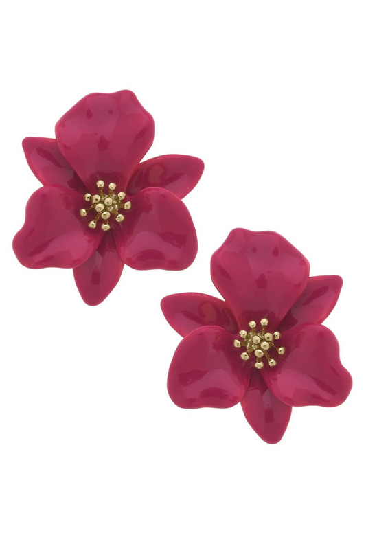 Valentina Enamel Flower Statement Earrings in Fuchsia