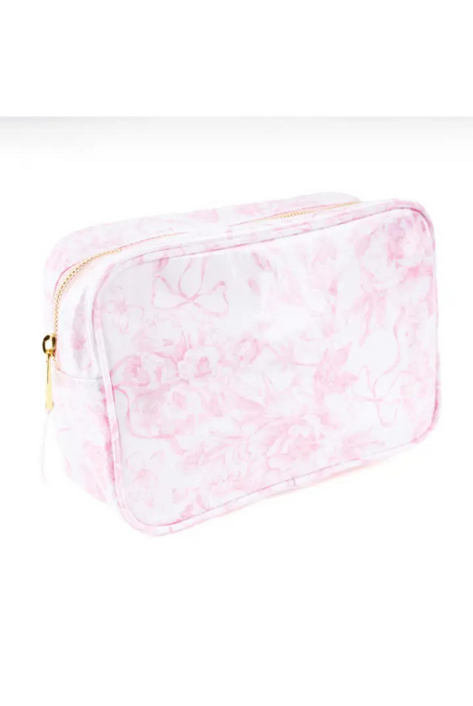 Pink Bow Toile Clear Coated Rectangular Cosmetic Bag