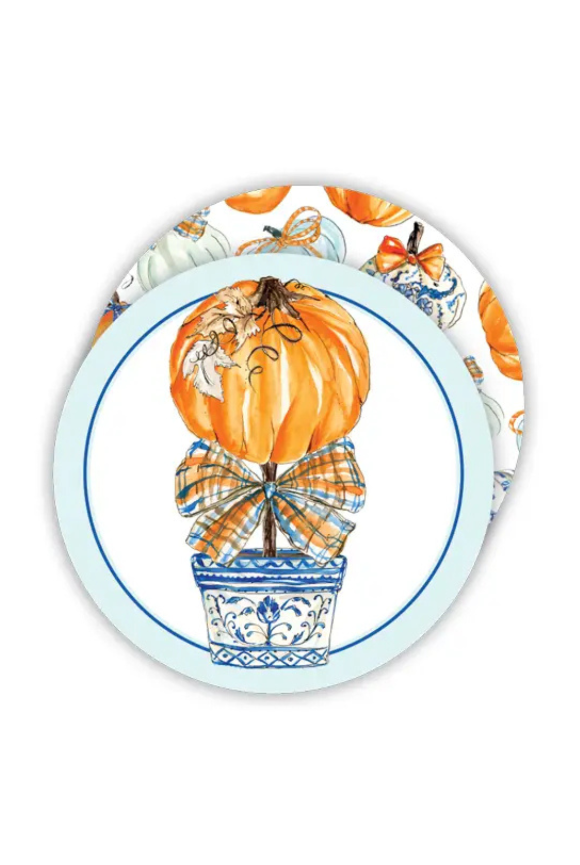 Pumpkin Topiary Orange and Blue Plaid Bow Round Coaster