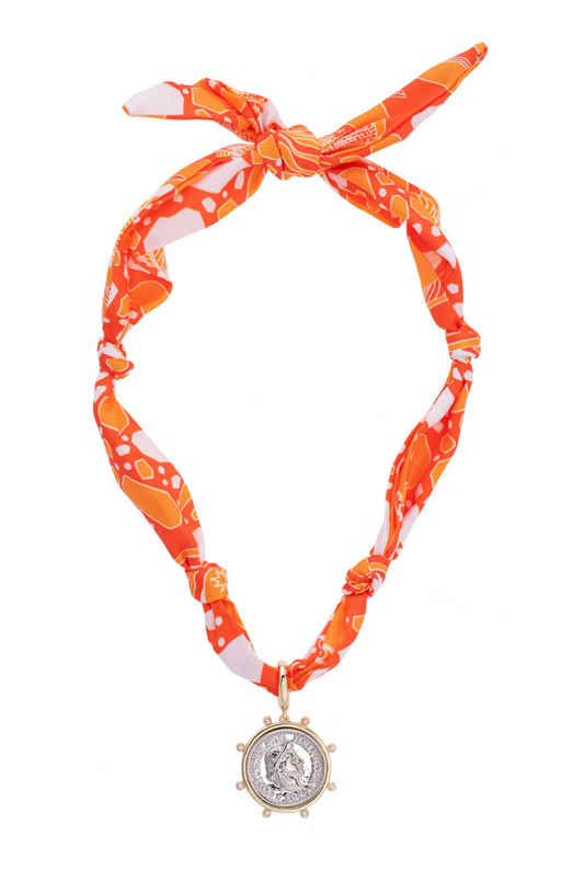 Lydia Studded Coin Scarf Necklace in Orange & White