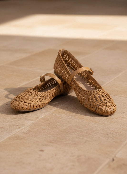 Susan Woven Mary Jane Flat in Camel