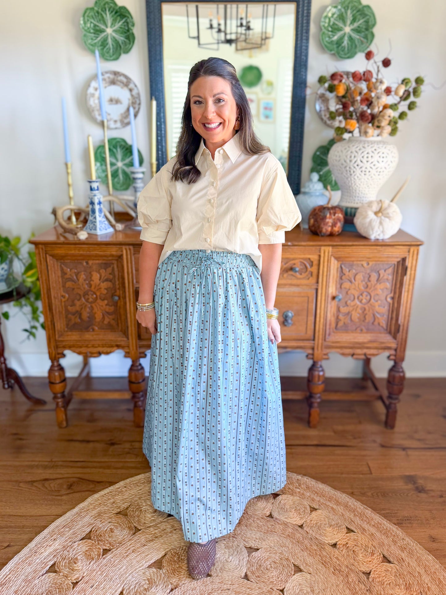 Karlie | Floral Stripe Tie Smock Waist Maxi Skirt