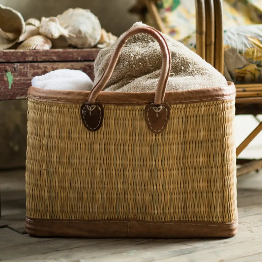 Straw Leather Trimmed Tote -Medium