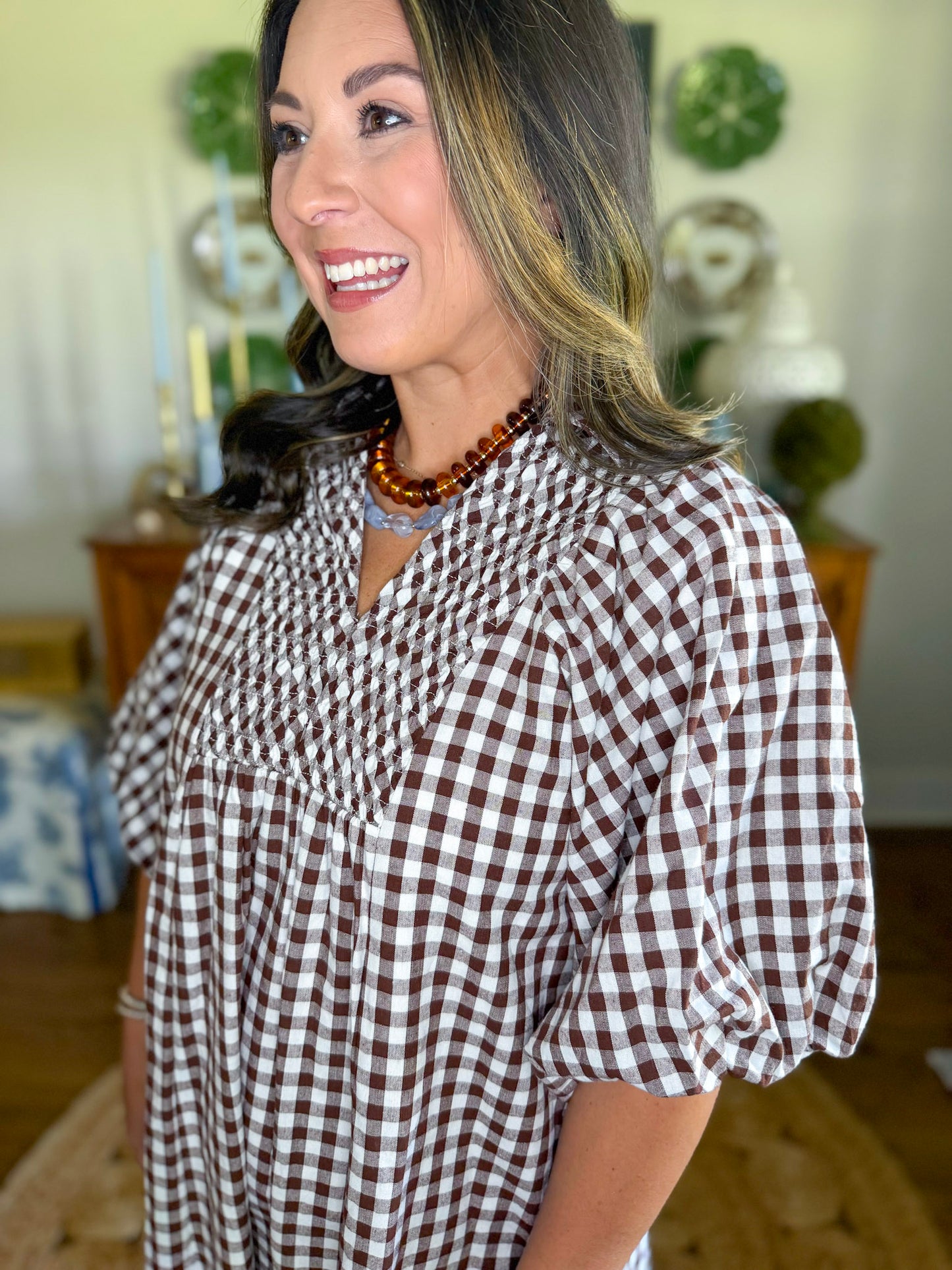 Cottage Gingham Midi Dress in Chocolate