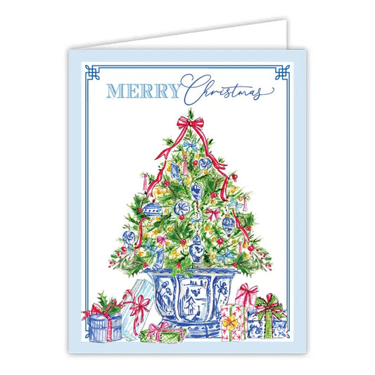 Merry Christmas Tree with Blue Chinoiserie Greeting Card