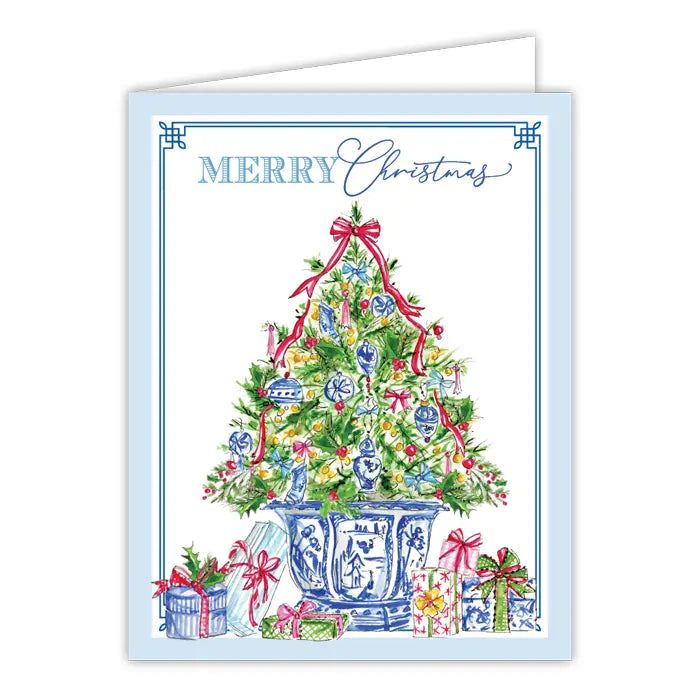 Merry Christmas Tree with Blue Chinoiserie Greeting Card