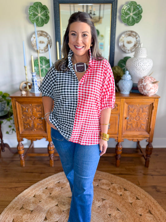 Adrienne | Sloan Top in Red & Black Seersucker Gingham