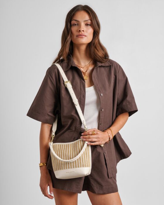 Katie Loxton | Sorrento Striped Raffia Bucket Bag in Striped Raffia/Off White