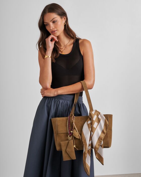 Katie Loxton | Taya Hand Woven Suedette Tote Bag in Caramel