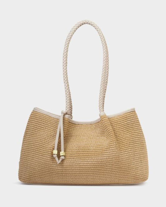 Katie Loxton | Nova Raffia Small Shoulder Tote in Natural Raffia/Oyster