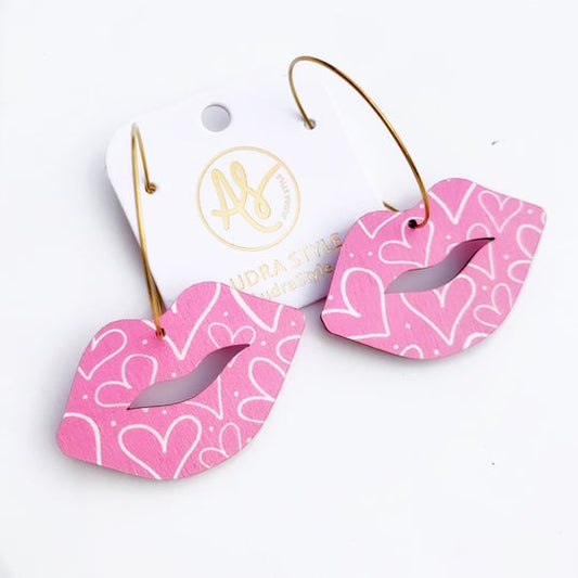 Big Lip Hoop Earrings-Hearts on Pale Pink