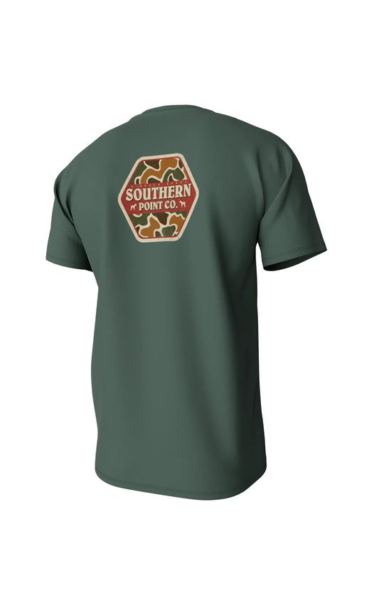 Southern Point Camo Logo Short Sleeve Pocket Tee in Duck Green