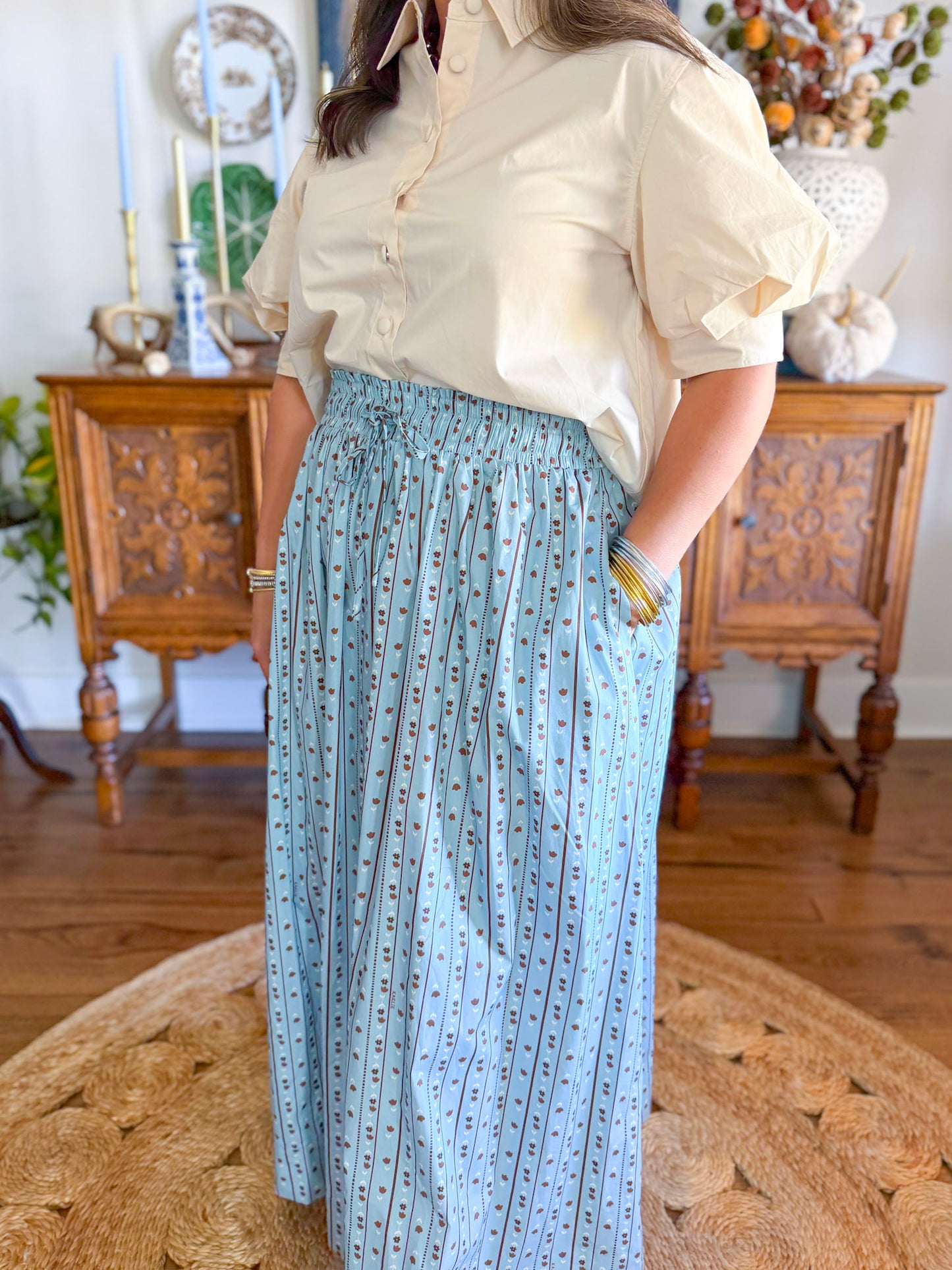 Karlie | Floral Stripe Tie Smock Waist Maxi Skirt