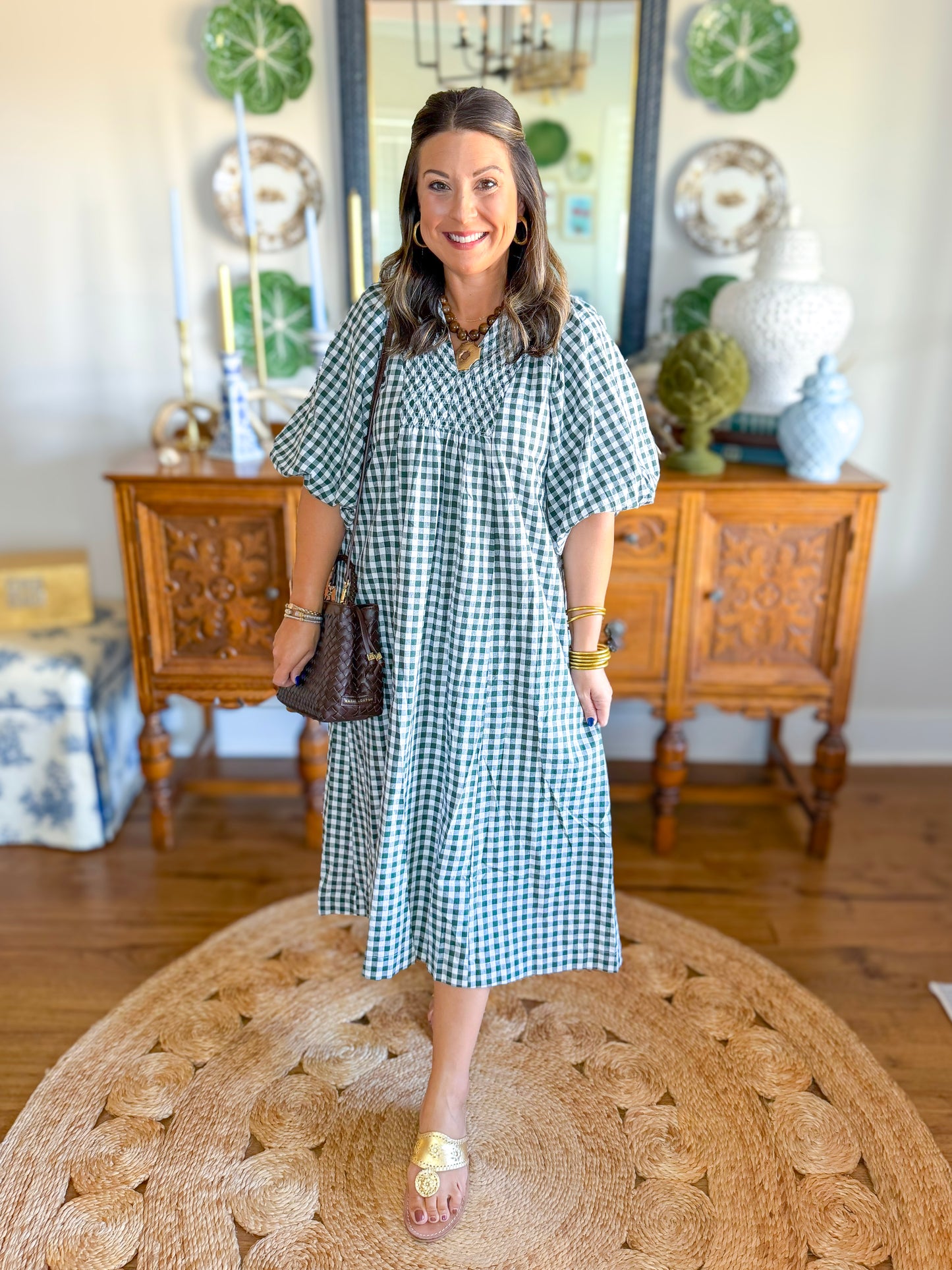 Cottage Gingham Midi Dress in Hunter Green