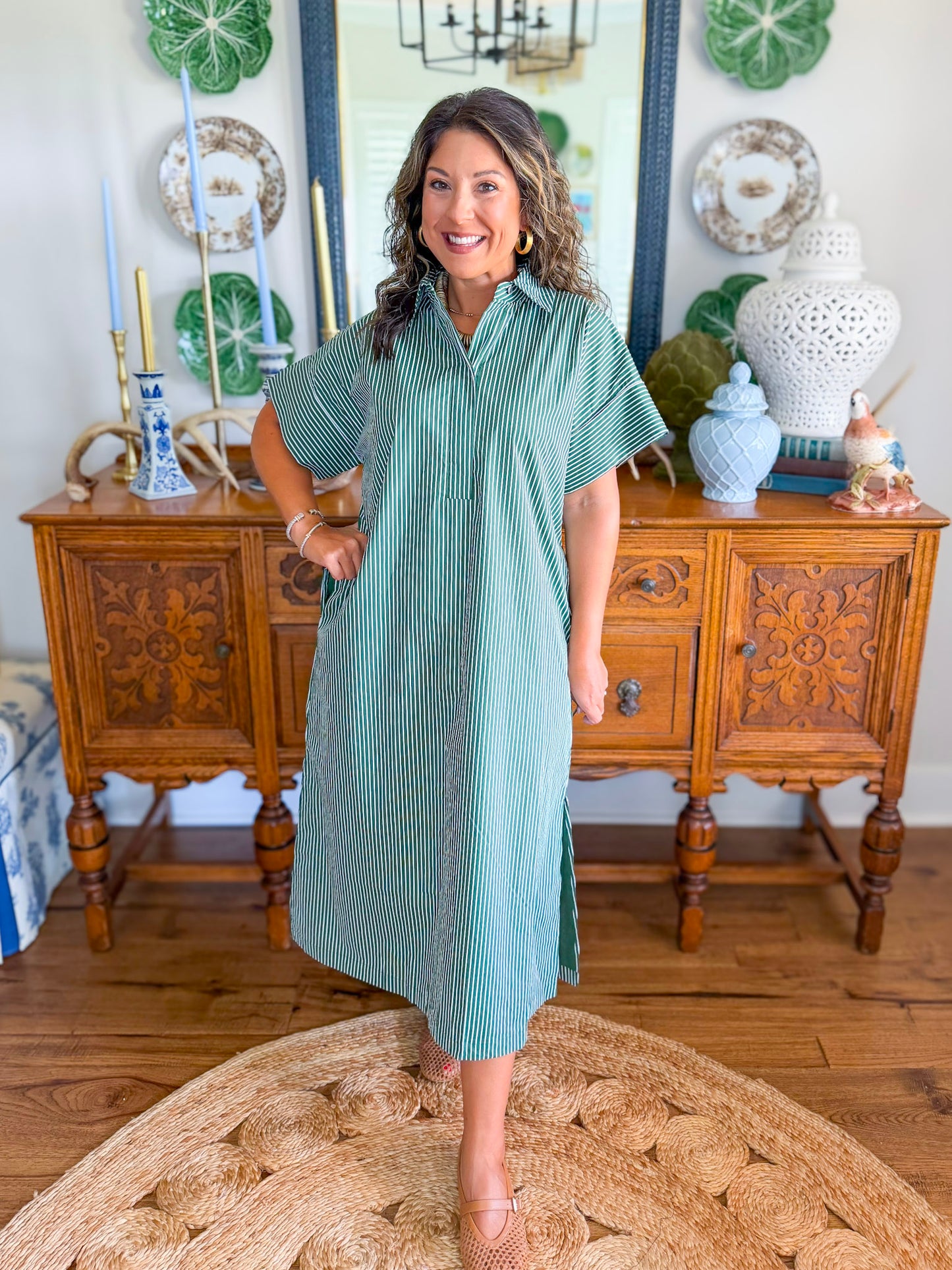 The Lexington Stripe Dress in Hunter Green