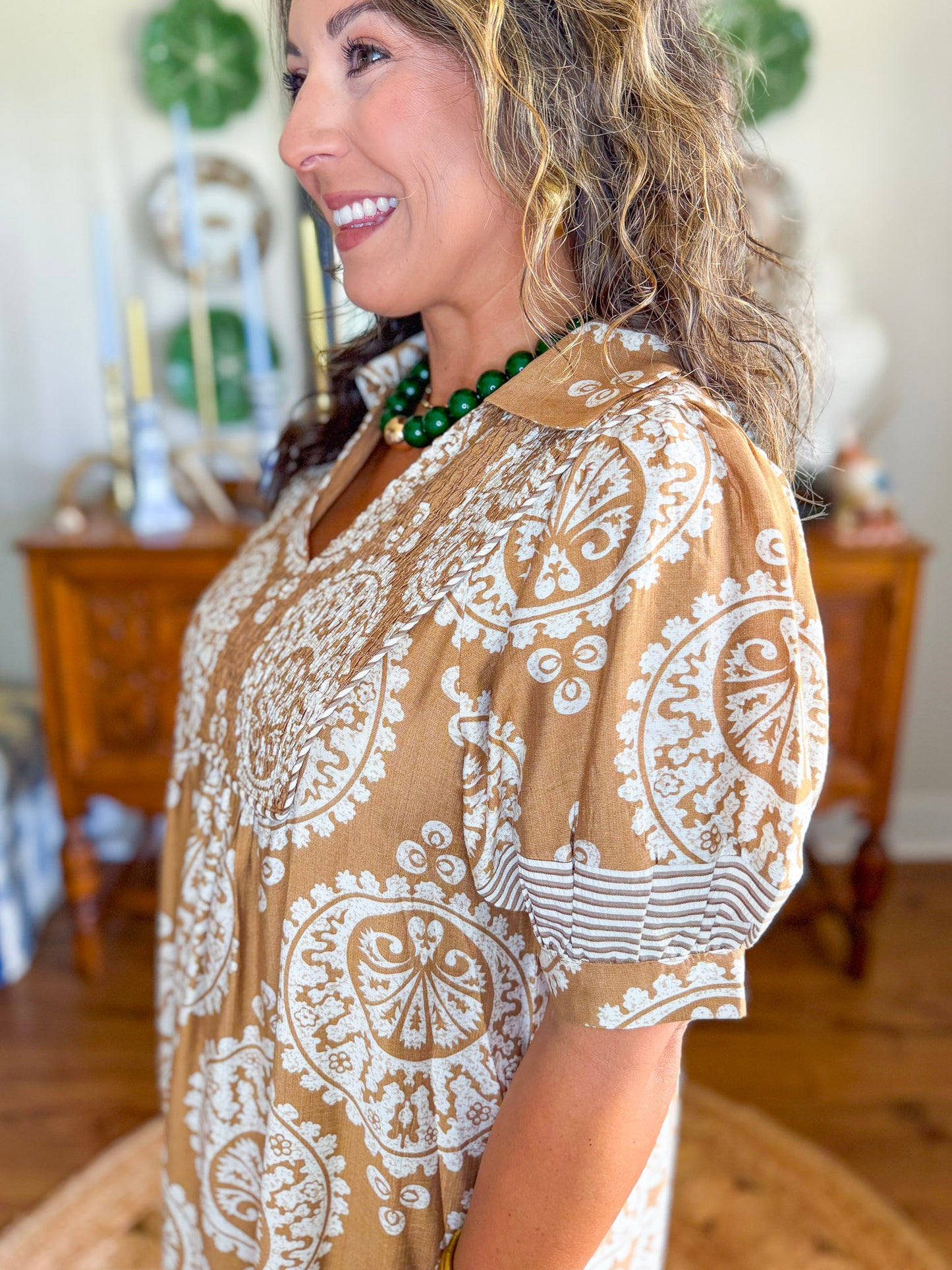 The Windsor Medallion Dress in Caramel