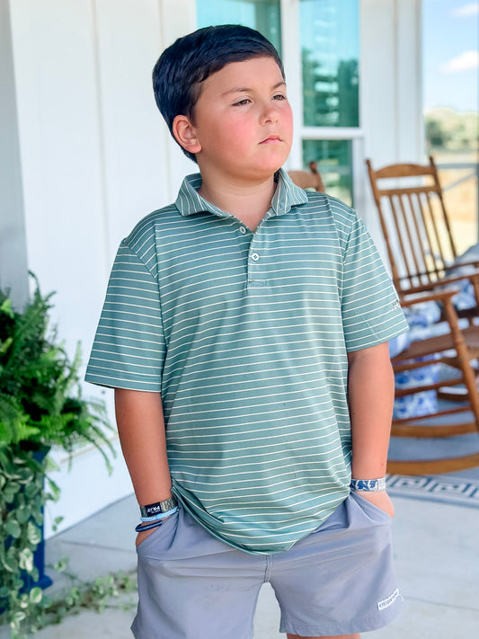Southern Point Youth Horizon Stripe Performance Polo in Duck Green/Sandstone