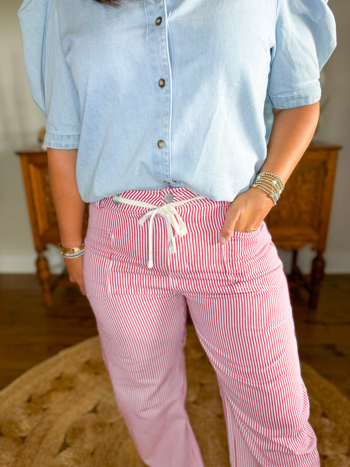 Prescott Stripe Denim Pants in Red