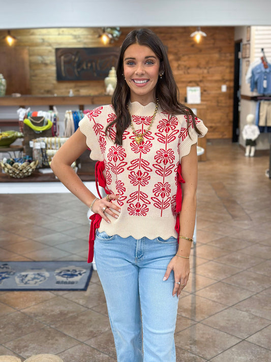 Bouquets & Bows Sweater Top in Red