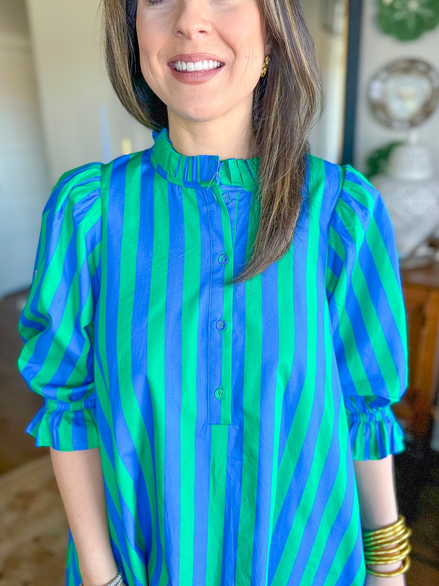 The Camden Dress in Green/Blue Stripes