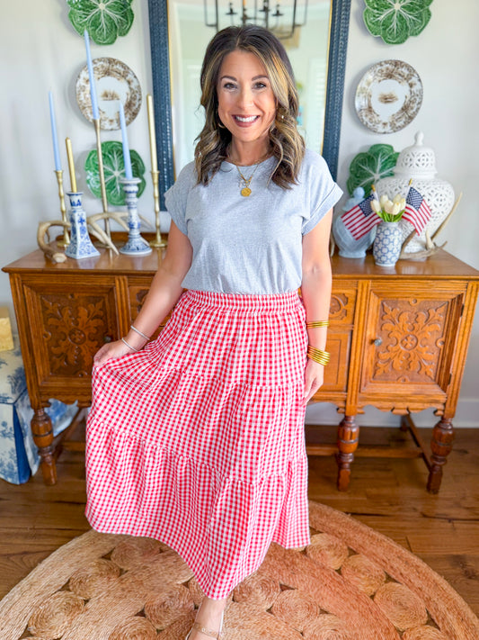 The Picnic Gingham Midi Skirt in Red