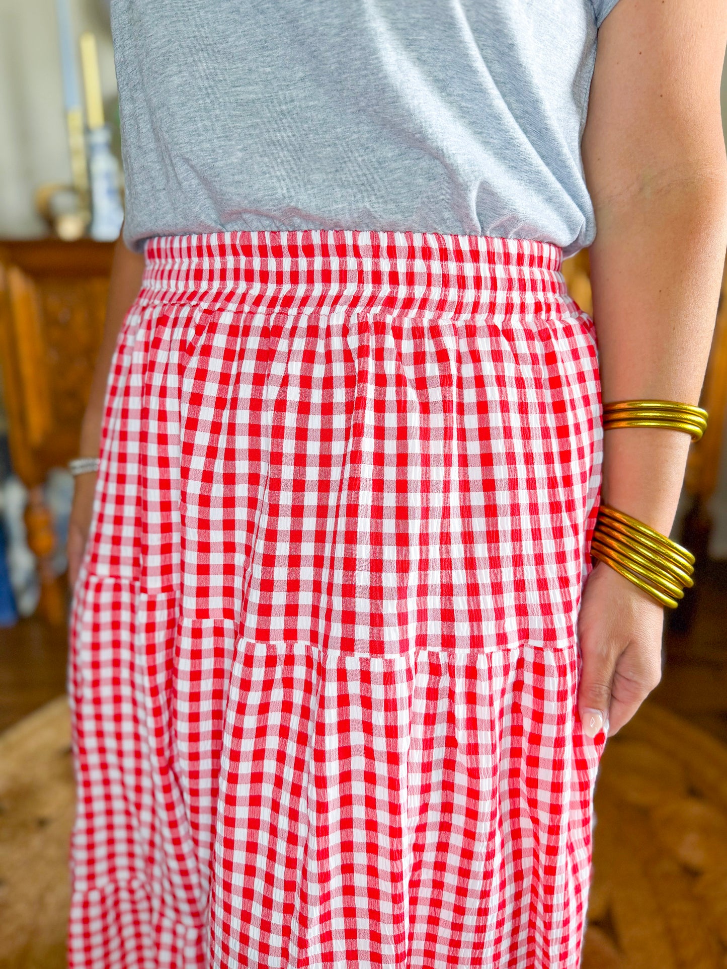 The Picnic Gingham Midi Skirt in Red