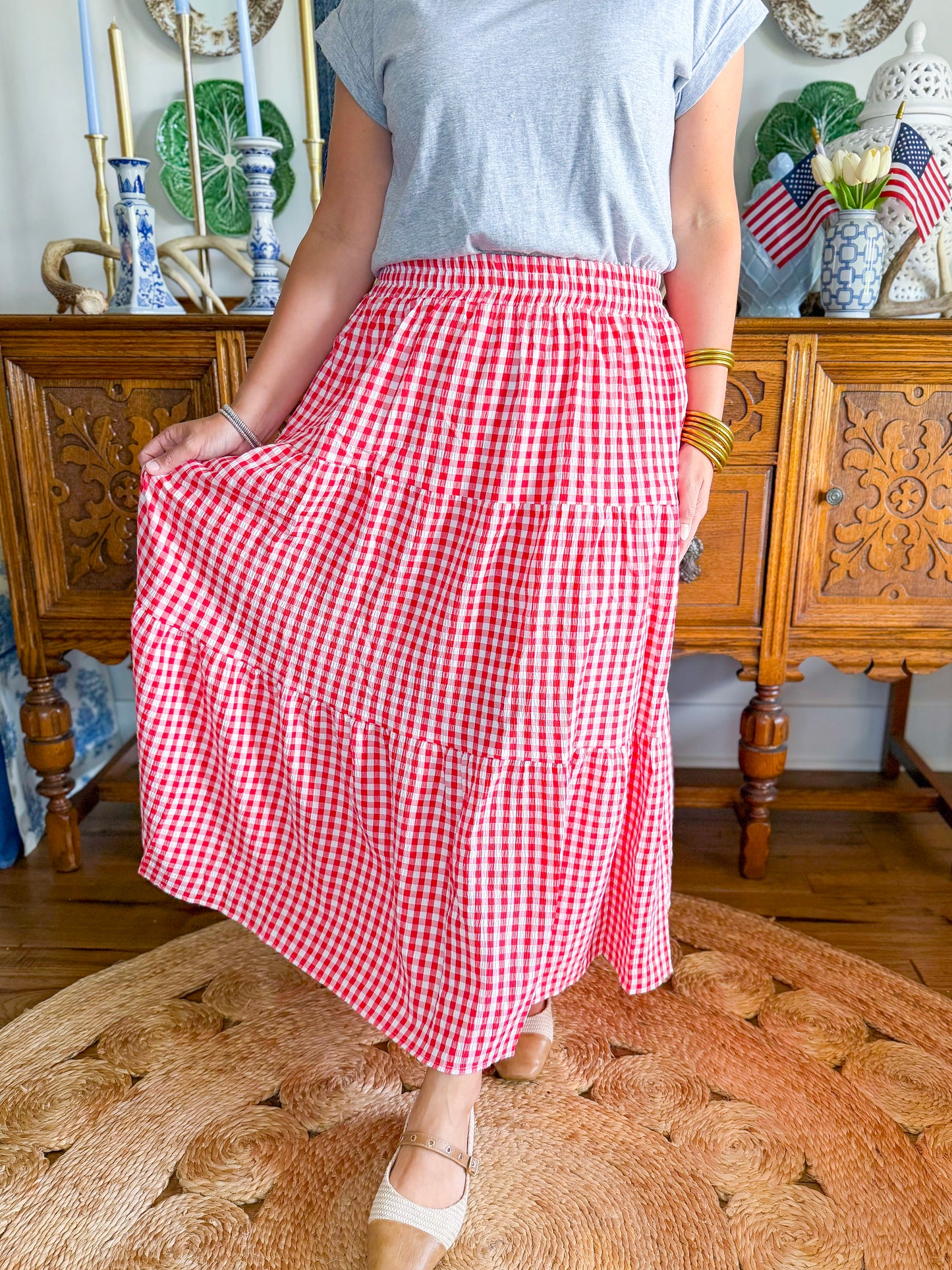 The Picnic Gingham Midi Skirt in Red