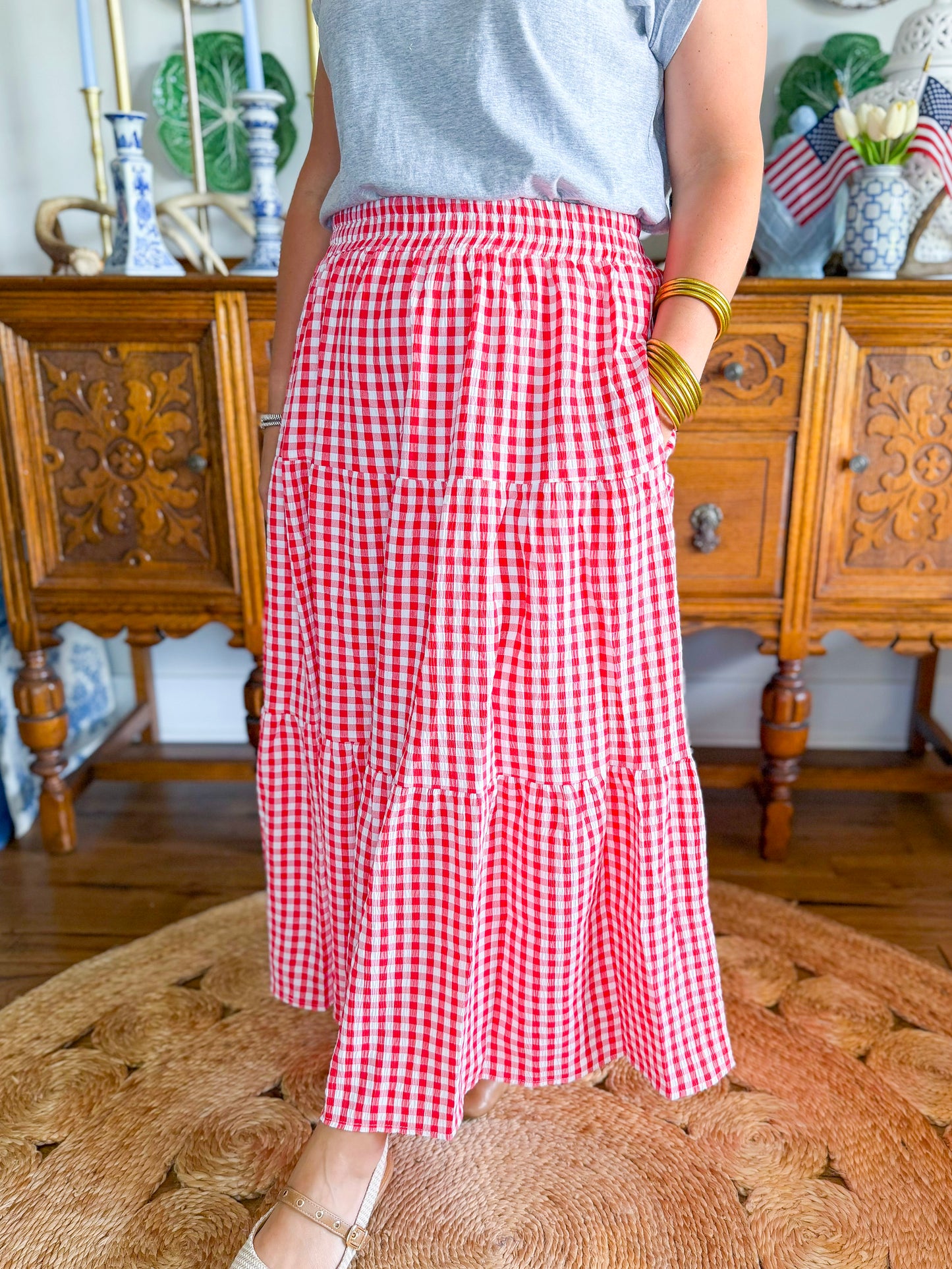 The Picnic Gingham Midi Skirt in Red