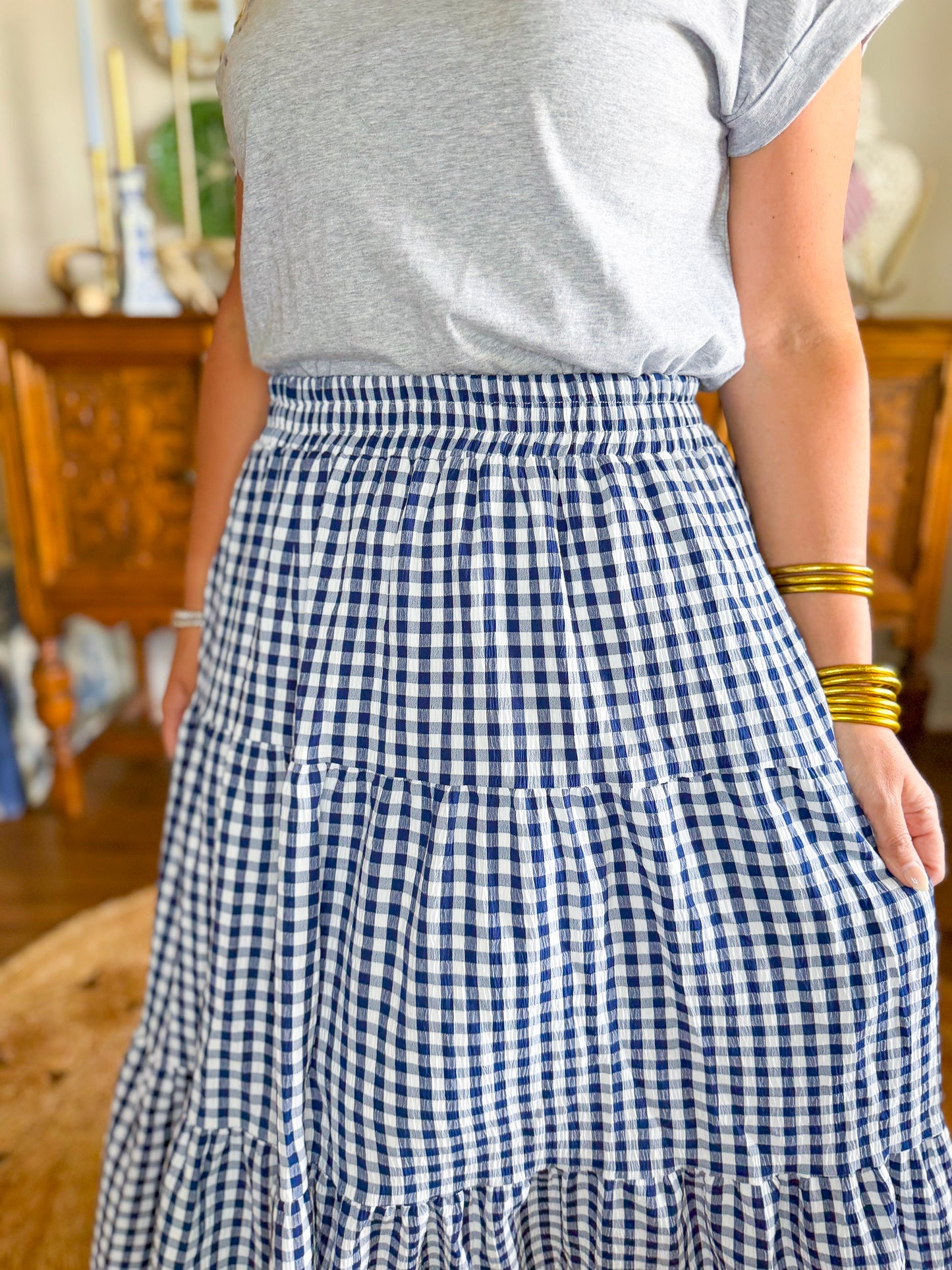 The Picnic Gingham Midi Skirt in Navy