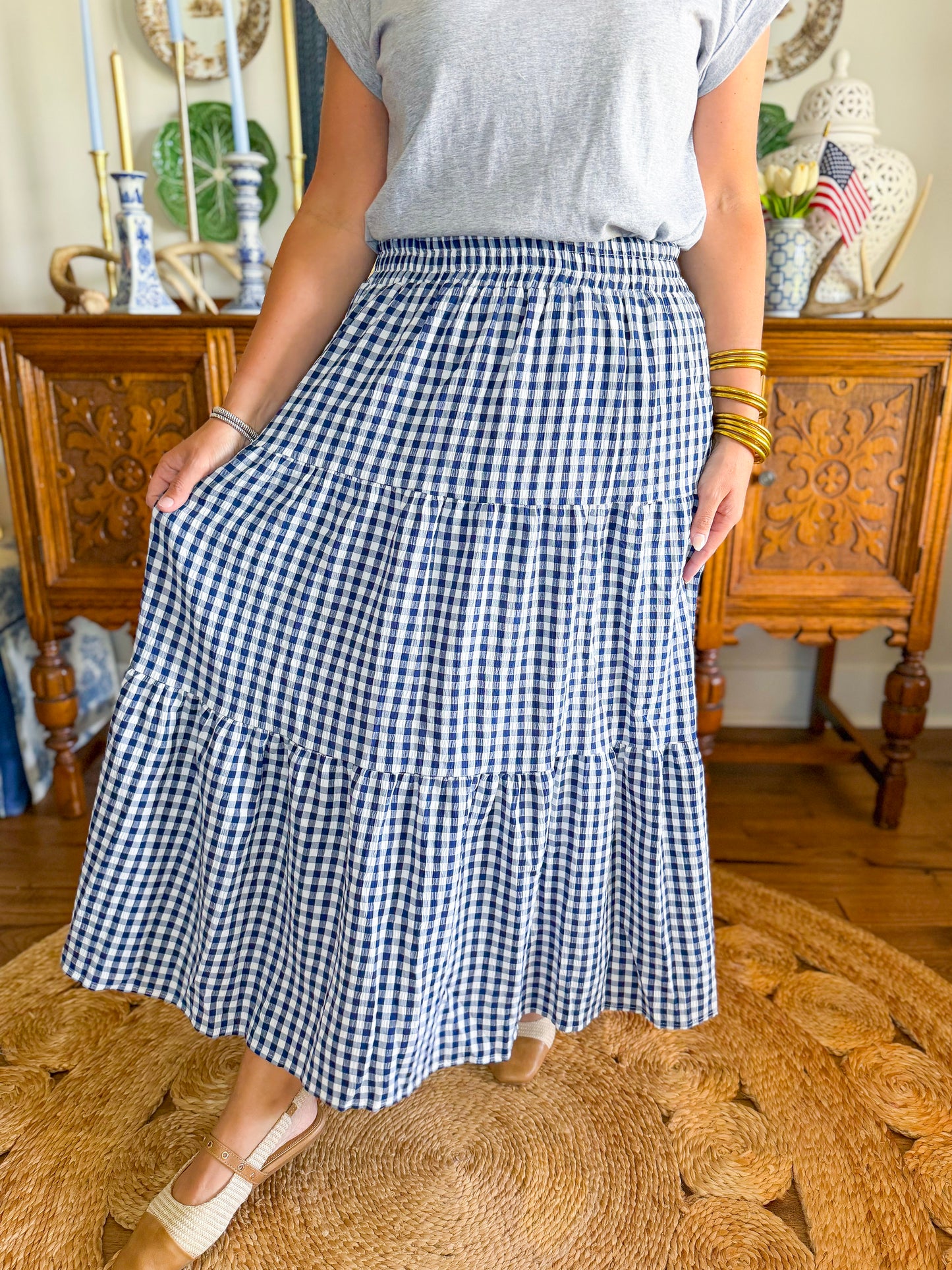 The Picnic Gingham Midi Skirt in Navy