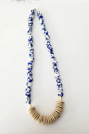 Short Wood Recycled Glass Blue Bead Necklace Coconut Wood