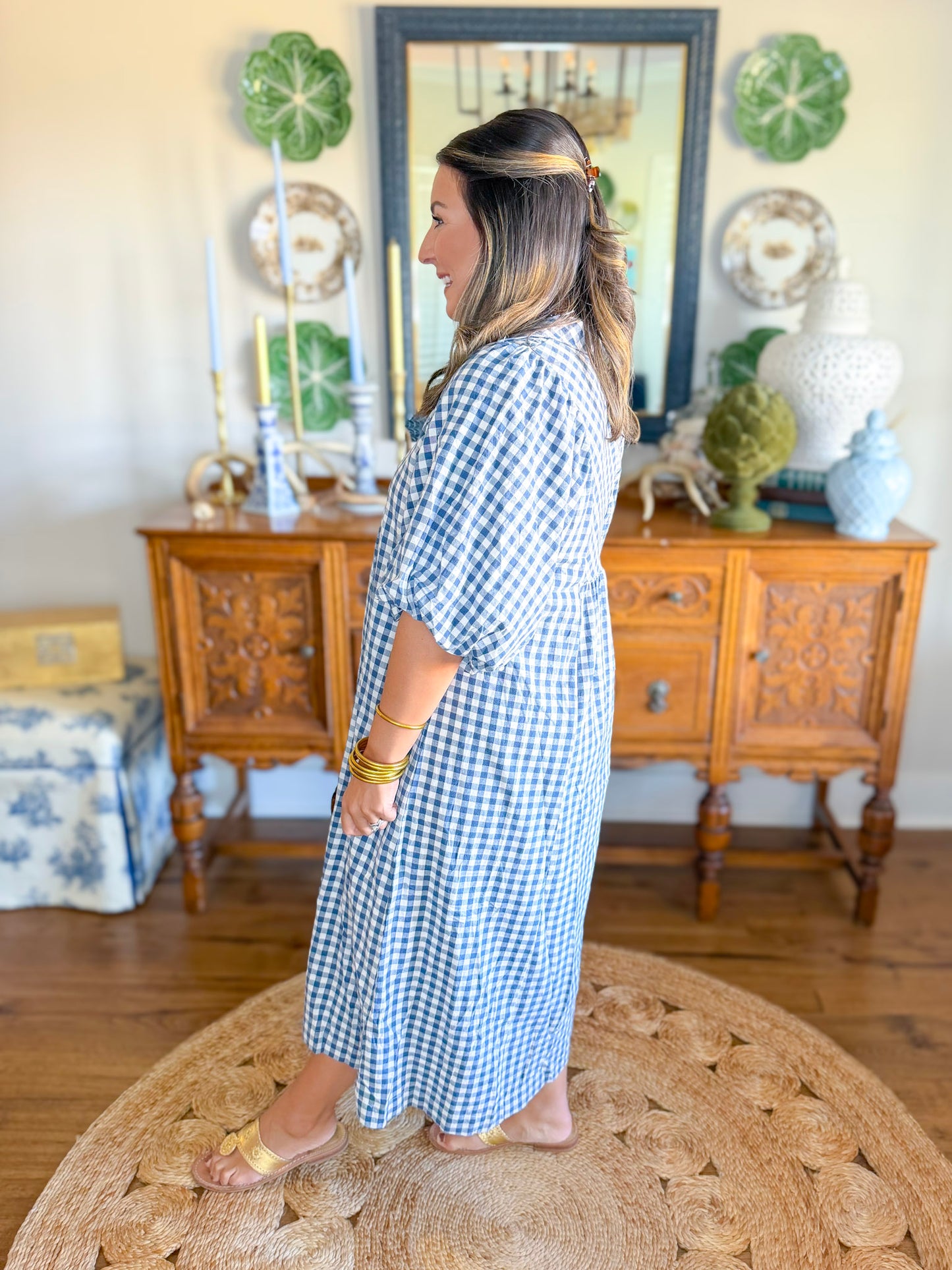Cottage Gingham Midi Dress in Navy